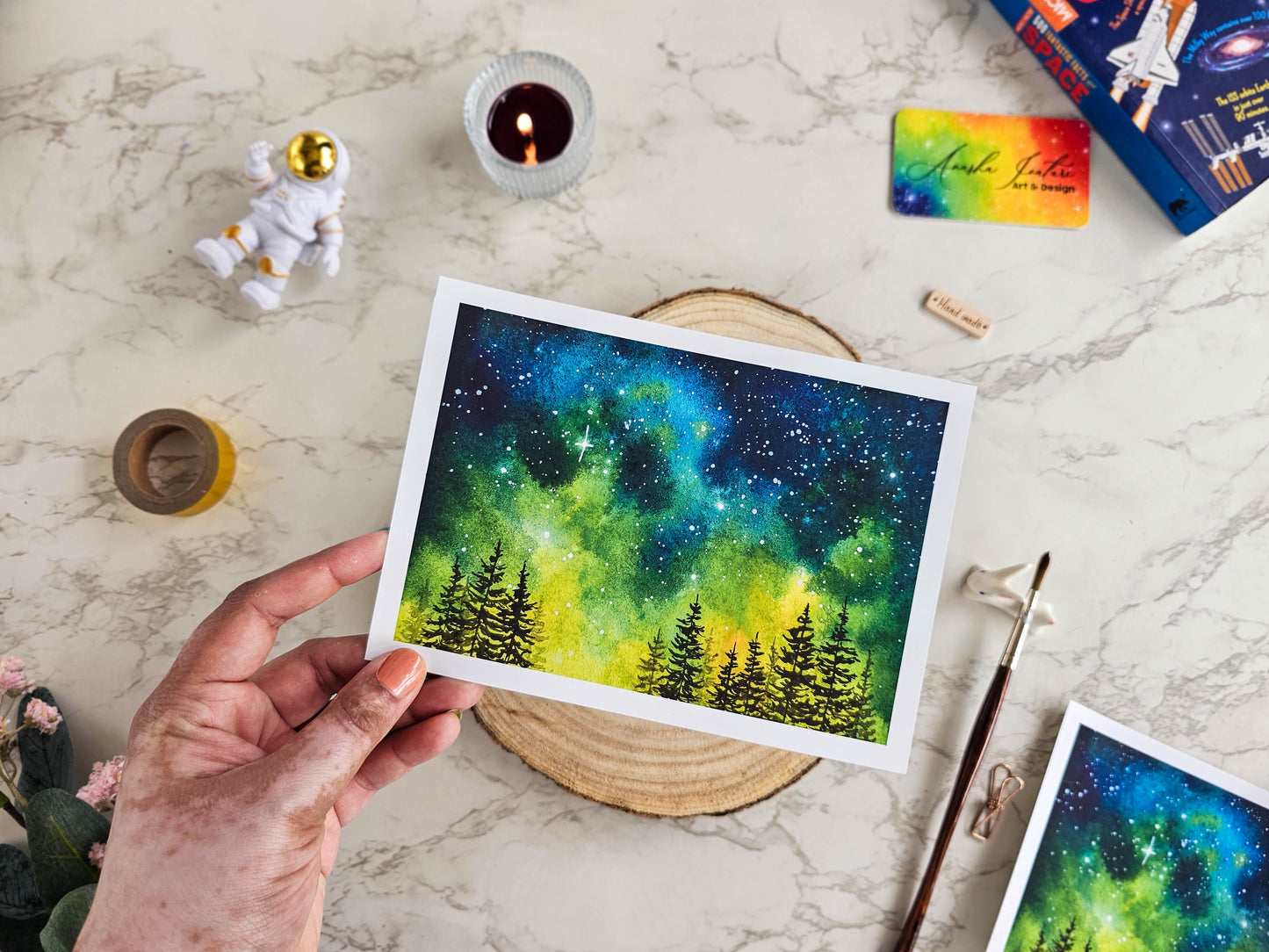 Galaxy Night Sky Forest Watercolor Painting | Archival Art Print