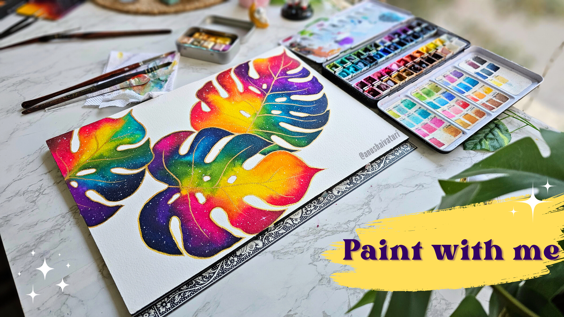 Load video: Paint with me | Calm studio days | Watercolor Monstera Leaves galaxy | Studio vlog 